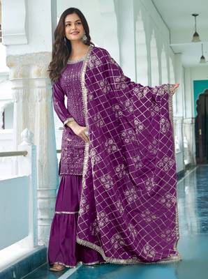 WINE CHINON SILK EMBROIDERED SALWAR SUIT STITCHED 2