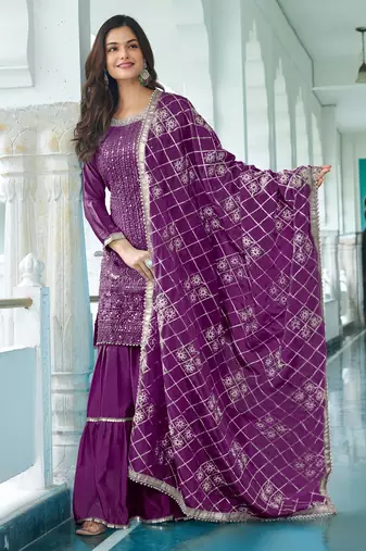 WINE CHINON SILK EMBROIDERED SALWAR SUIT STITCHED