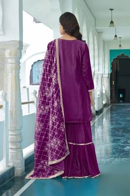 WINE CHINON SILK EMBROIDERED SALWAR SUIT STITCHED 3