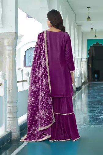 WINE CHINON SILK EMBROIDERED SALWAR SUIT STITCHED