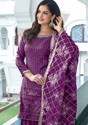 WINE CHINON SILK EMBROIDERED SALWAR SUIT STITCHED 4