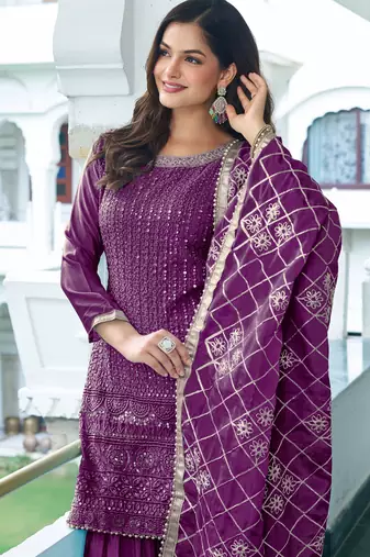 WINE CHINON SILK EMBROIDERED SALWAR SUIT STITCHED