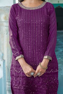 WINE CHINON SILK EMBROIDERED SALWAR SUIT STITCHED 5