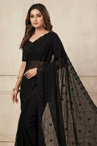 Black Color Beeds Work with Cut work Border Geogate Saree
