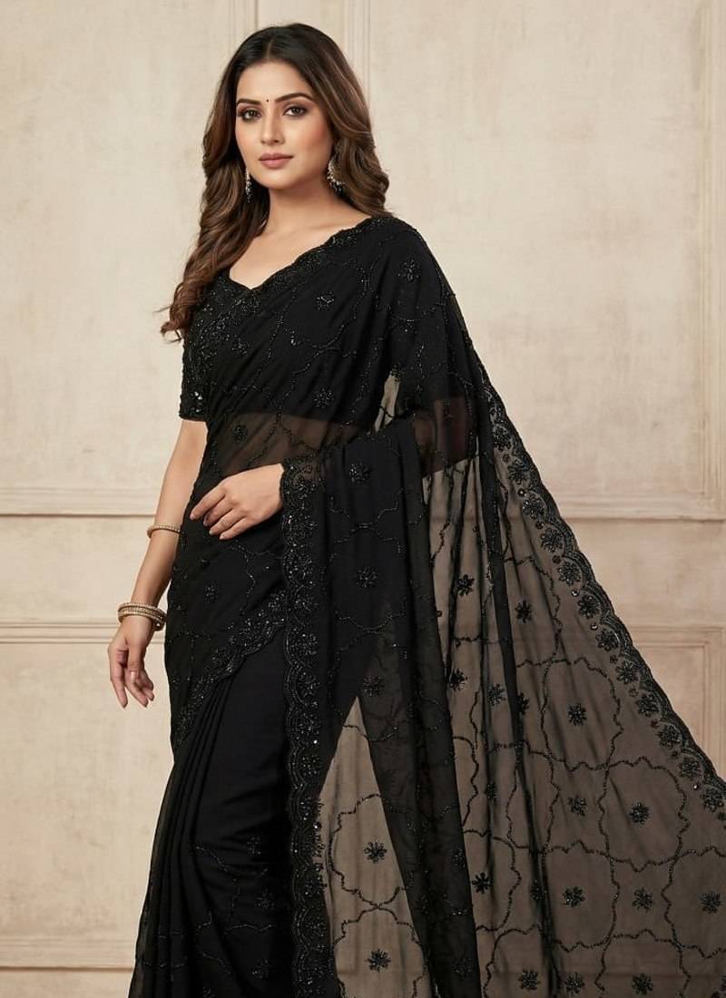 Black Color Beeds Work with Cut work Border Geogate Saree