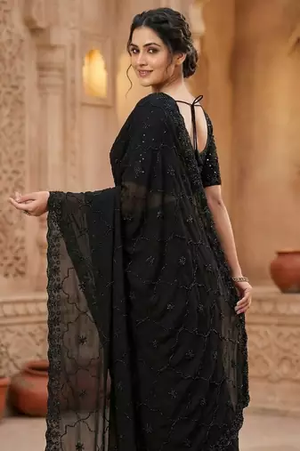 Black Color Beeds Work with Cut work Border Geogate Saree