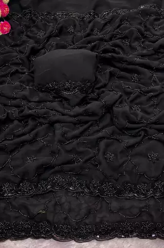 Black Color Beeds Work with Cut work Border Geogate Saree