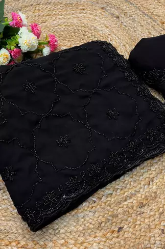 Black Color Beeds Work with Cut work Border Geogate Saree