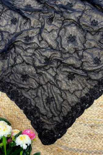Black Color Beeds Work with Cut work Border Geogate Saree