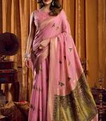 Pink khadi cotton saree with elegant jhallar border & katha work | mina design | rich brocade blouse