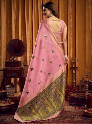 Pink khadi cotton saree with elegant jhallar border & katha work | mina design | rich brocade blouse 2