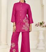 Pink elegant reyon slub kurti set with heavy embroidery