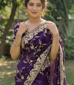 Purple Color Beeds Work with Cut work Border Geogate Saree