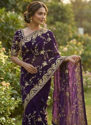 Purple Color Beeds Work with Cut work Border Geogate Saree 2