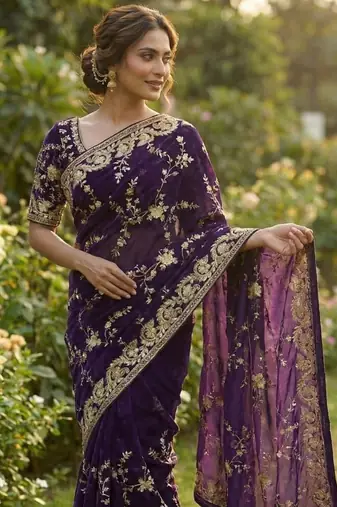 Purple Color Beeds Work with Cut work Border Geogate Saree