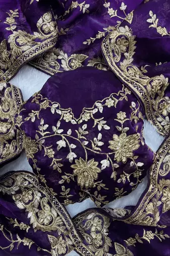 Purple Color Beeds Work with Cut work Border Geogate Saree