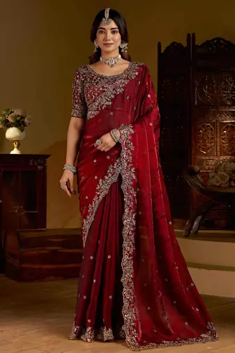 Maroon colour satin silk saree with heavy embroidery work blouse
