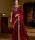 Maroon colour satin silk saree with heavy embroidery work blouse