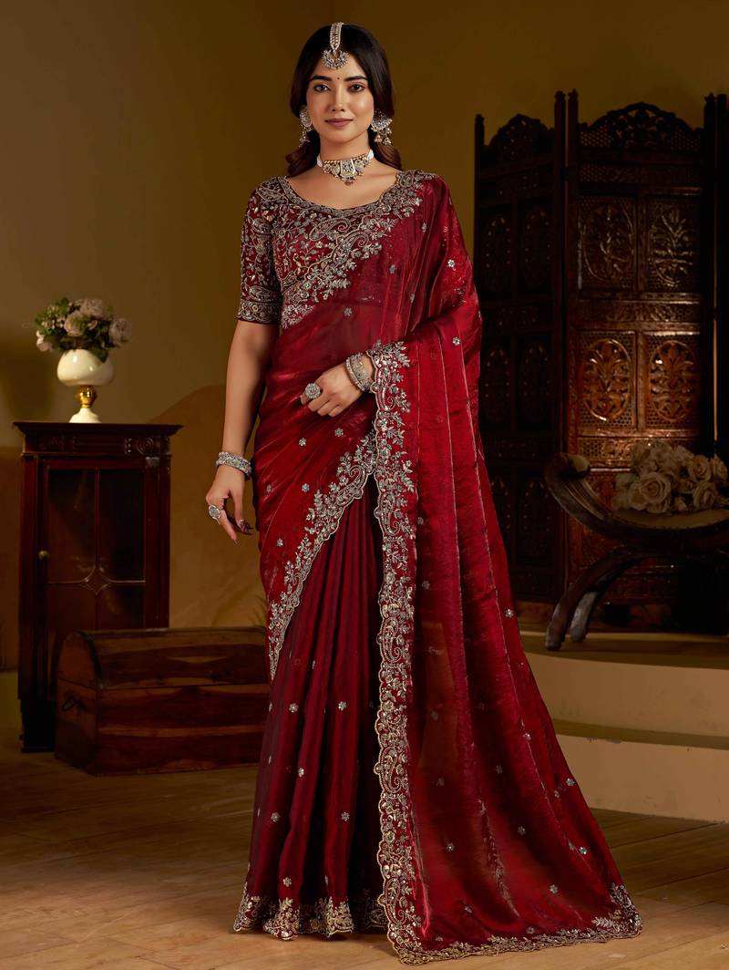 Maroon colour satin silk saree with heavy embroidery work blouse