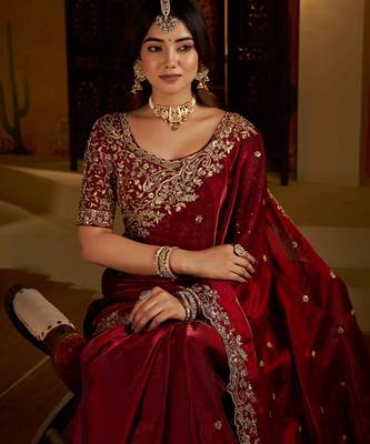 Maroon colour satin silk saree with heavy embroidery work blouse 2