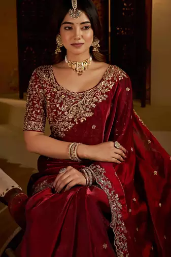 Maroon colour satin silk saree with heavy embroidery work blouse