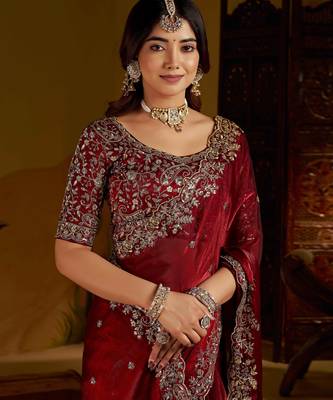 Maroon colour satin silk saree with heavy embroidery work blouse 3