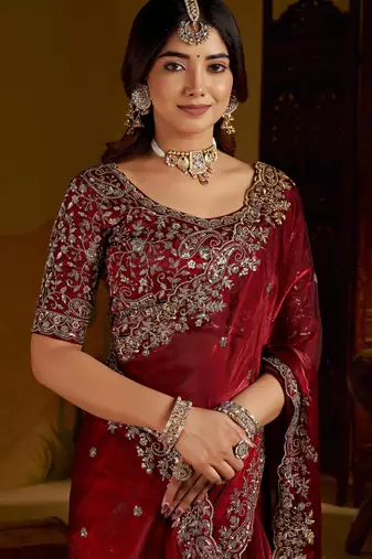 Maroon colour satin silk saree with heavy embroidery work blouse