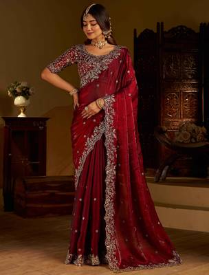 Maroon colour satin silk saree with heavy embroidery work blouse 4