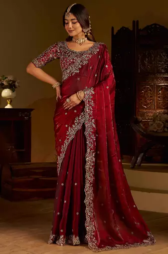 Maroon colour satin silk saree with heavy embroidery work blouse