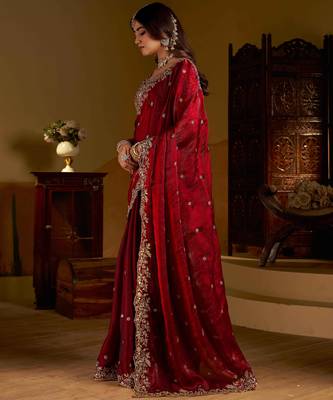 Maroon colour satin silk saree with heavy embroidery work blouse 5