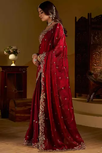 Maroon colour satin silk saree with heavy embroidery work blouse