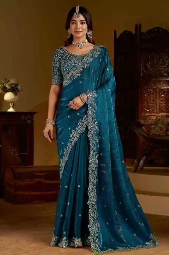Rama colour satin silk saree with heavy embroidery work blouse