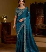 Rama colour satin silk saree with heavy embroidery work blouse