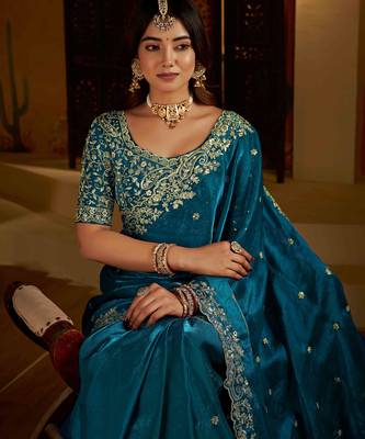 Rama colour satin silk saree with heavy embroidery work blouse 3