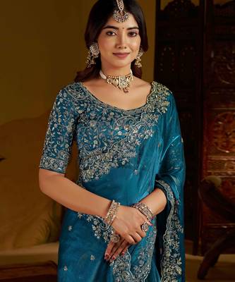 Rama colour satin silk saree with heavy embroidery work blouse 4