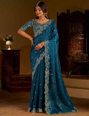 Rama colour satin silk saree with heavy embroidery work blouse 5