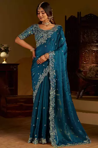 Rama colour satin silk saree with heavy embroidery work blouse