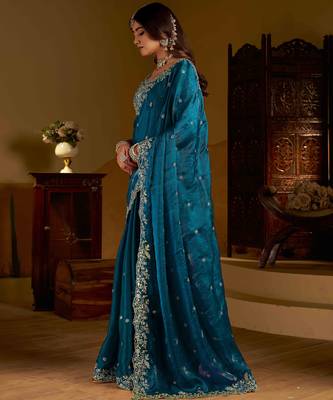 Rama colour satin silk saree with heavy embroidery work blouse 6