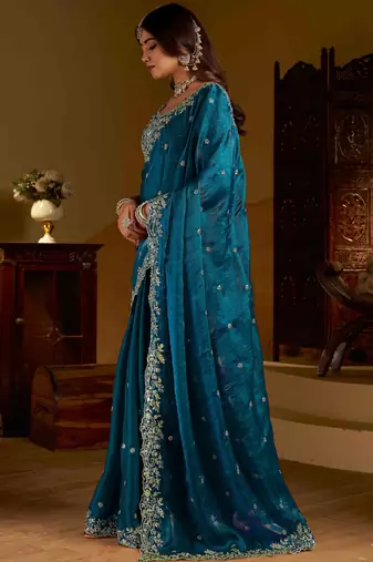 Rama colour satin silk saree with heavy embroidery work blouse