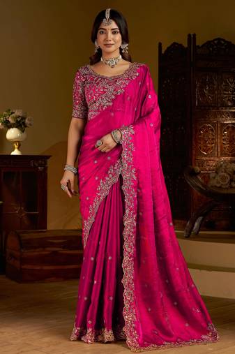 Rani colour satin silk saree with heavy embroidery work blouse