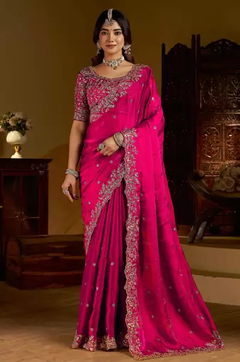 Rani colour satin silk saree with heavy embroidery work blouse