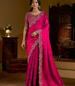 Rani colour satin silk saree with heavy embroidery work blouse