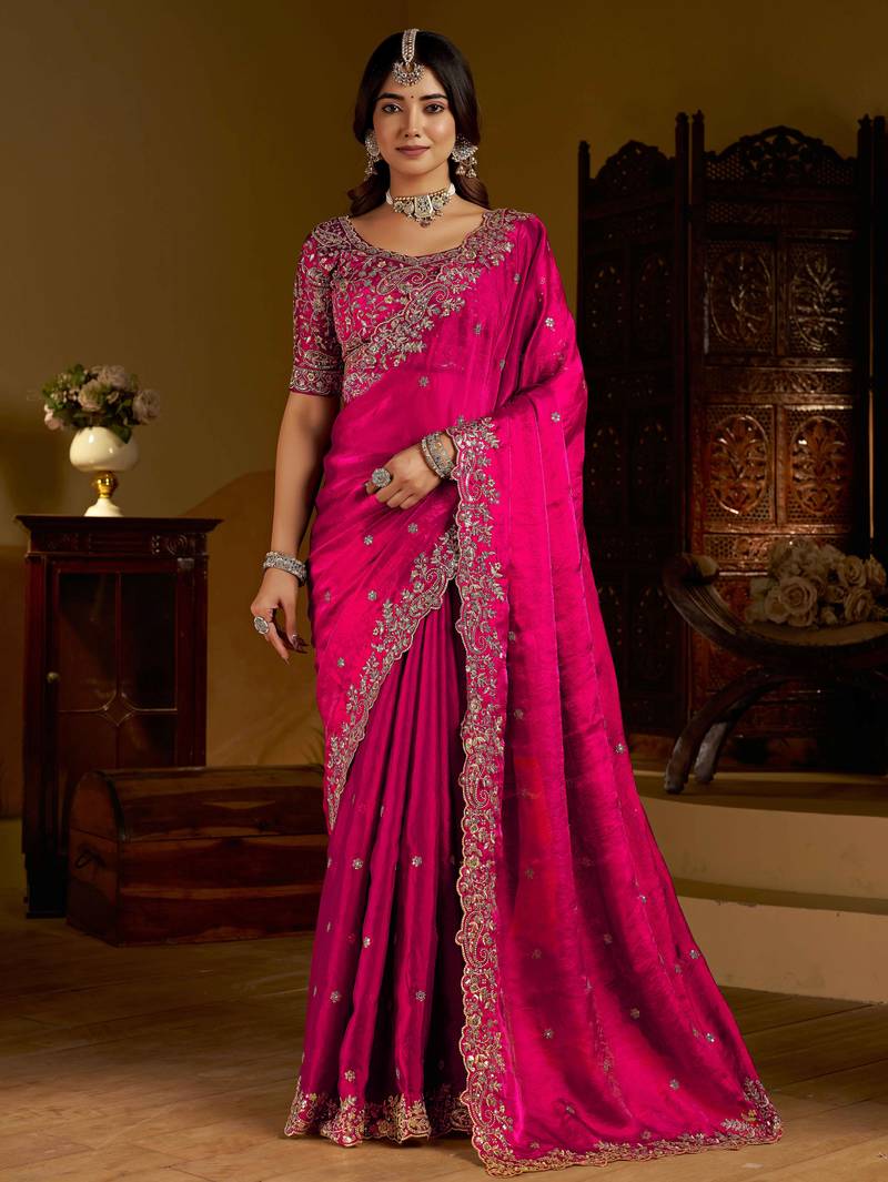 Rani colour satin silk saree with heavy embroidery work blouse