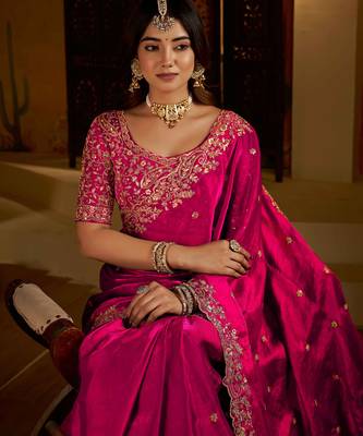 Rani colour satin silk saree with heavy embroidery work blouse 3