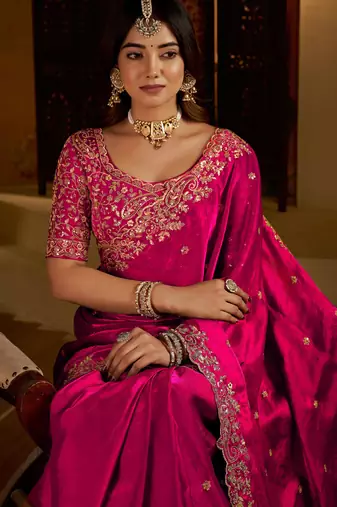Rani colour satin silk saree with heavy embroidery work blouse