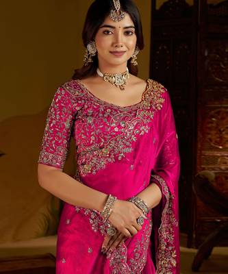 Rani colour satin silk saree with heavy embroidery work blouse 4