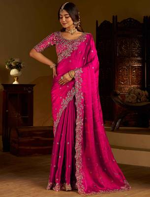Rani colour satin silk saree with heavy embroidery work blouse 5