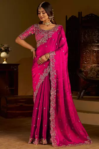 Rani colour satin silk saree with heavy embroidery work blouse