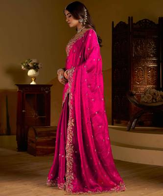 Rani colour satin silk saree with heavy embroidery work blouse 6