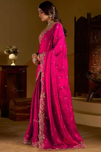 Rani colour satin silk saree with heavy embroidery work blouse